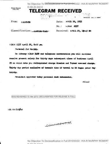 John F. Dulles cable to Robert Murphy regarding salary and rank