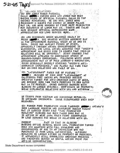 Message regarding Ambassador Jones farewell, Marshall Green's welcome, and other developments