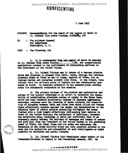 Memo to the adjutant general recommending Ilia Andre Tolstoy for Legion of Merit award