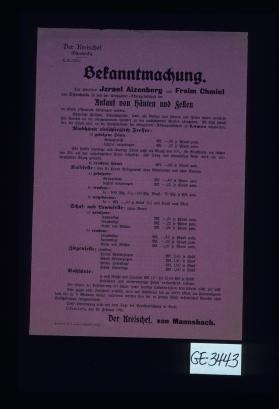 Bekanntmachung. Ankauf von Hauten und Fellen ... Ostrolenka, den 12. Februar 1916 ... von Mannsbach