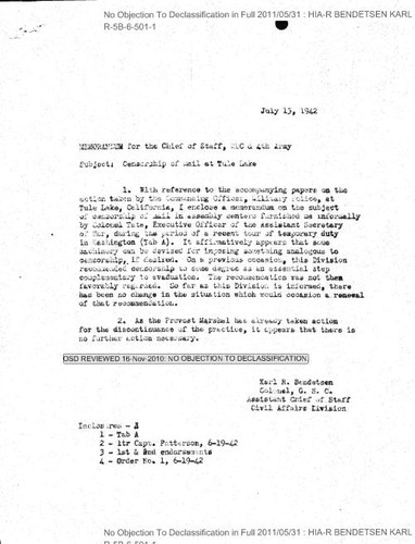 Bendetsen memo regarding censorship of mail at Tule Lake