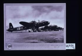 They "conventrated" Cologne. When they bombed British towns the Luftwaffe called it "conventrating." On May 30th over 1,000 British bombers dropped the biggest load of bombs in history, on Cologne. But, unlike the Luftwaffe, the R.A.F. do not dump their bombs blindly - they attack German war industry with the clear object of weakening the German Army in the East ... Above: "Stirling" bombers, on of the many types of modern British bombers which "conventrated" Cologne ... [text in Arabic]