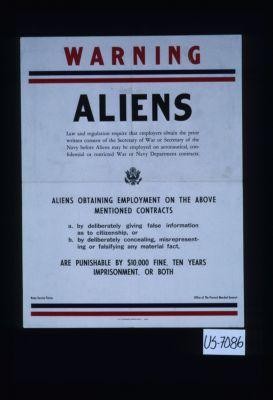 Warning. Aliens. Law and regulation require that employees obtain the prior written consent of the Secretary of War ... before aliens may be employed on aeronautical, confidential or restricted War or Navy contracts