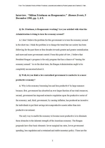 Milton Friedman on Reaganomics