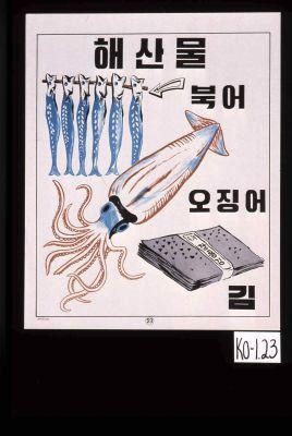 Products from the sea: dried pollacks, a squid, dried seaweed. [Text in Korean.]