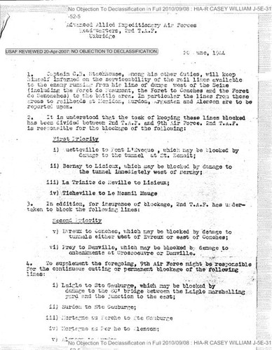 Orders regarding blocking rail lines by 2nd T.A.F. and 9th Air Force