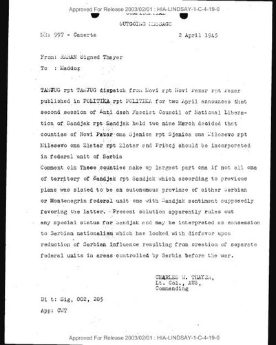 Charles W. Thayer and Raran message to Maddox number 997 regarding TANJUG dispatch