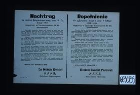 Nachtrag zu meiner Bekanntmachung vom 9. Februar 1916 ... Samtliches Brotgetreide (Roggen und Weizen) ist sofort nach dem Drusch, spatestens jedoch bis zum 1. April 1916, an die Wareneinfuhr abzuliefern. ... Kalisch, den 28. Februar 1916. Der deutsche Kreischef Hahn, Geheimer Regierungsrat. ... Niemiecki Naczelnik Powiatowy Hahn, Tajny radca rejencyjny