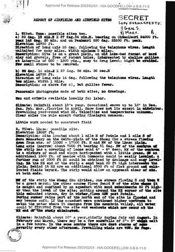 Bill, Brooke report on airfields and airfield sites in Tibet
