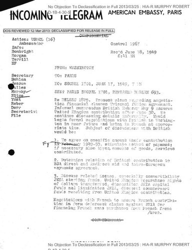 Cable from Washington regarding negotiation financial clauses Trizonal fusion agreement