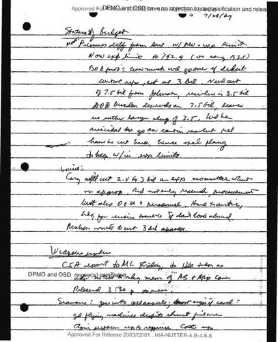 Notes on status of budget and weapons systems