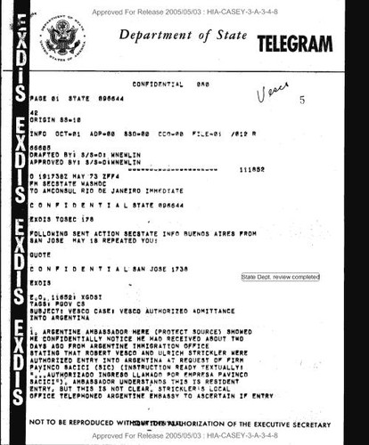 Secretary of state cable to American embassy, Rio de Janeiro regarding Vesco case: Vesco authorized admittance into Argentina