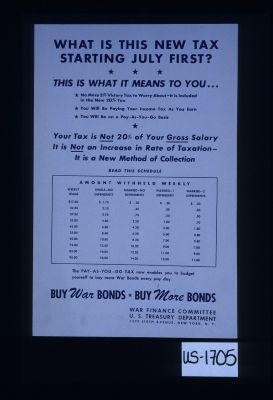 What is the new tax starting July 1st? This is what it means to you ... No more 5% Victory Tax to worry about ... The Pay-As-You-Go Tax now enables you to budget yourself to buy more War Bonds every pay day