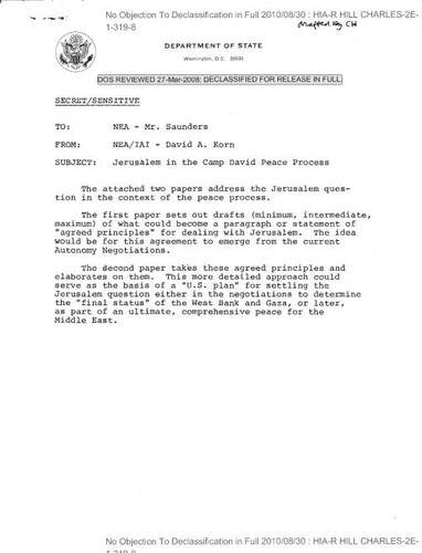 David A. Korn memo regarding Jerusalem in the Camp David Peace process, with attachments