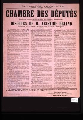 Republique francaise...Chambre des deputes. Extrait du proces-verbal de la seance du mercredi 3 novembre 1915. Discours de M. Aristide Briand, president du conseil, ministre des affaires etrangeres