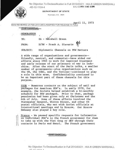 Frank A. Sieverts memo to Marshall Green re. diplomatic channels on POW matters