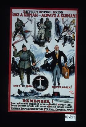 British Empire Union. "Once a German, always a German!." 1914 to 1918. Never again! Remember! Every German employed means a British worker idle