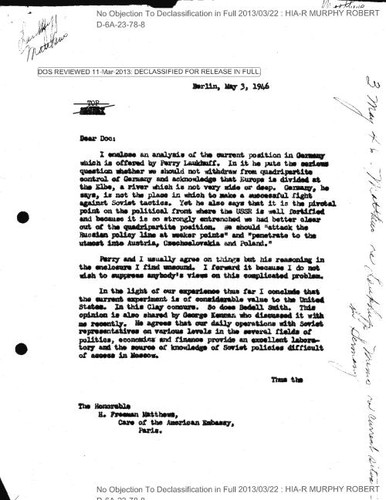 Robert Murphy letter to H. Freeman Matthews, enclosing analysis of the current position in Germany