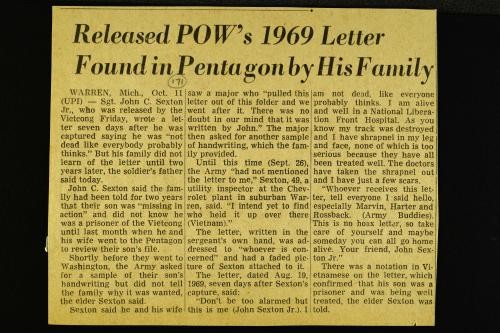 Newspaper article: "Released P.O.W.'s 1969 letter found in Pentagon by his family"