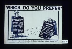 Which do you prefer? Protection wages per week: Bricklayers, 110s to 125 s; Carpenters, 68s9d to 90s ... Free trade wages per week: Bricklayers, 37s6d to 40s6d; Carpenters, 36s2d to 39s4d ... The above comparison is taken from the Board of Trade report on Rates of Wages, etc., in American towns. (Cd. 5609, April, 1911)