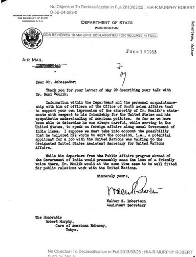 Walter S. Robertson letter to Robert Murphy regarding Dr. Moni Moulik