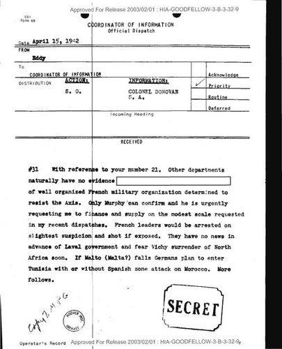 Eddy dispatch to Coordinator of Information number 31 regarding French military organization