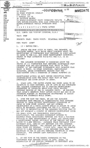 Secretary of State cable to American Embassy in Tokyo re. SRAP: Tokyo visit: Bilateral refugee concerns