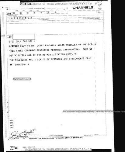 Cable forwarding messages from Stanley Sporkin regarding tentative outline of report on William J. Casey?, with attachments