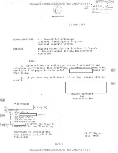 Deputy director for administration memo to Kenneth DeGraffenreid regarding talking points for the president's speech at groundbreaking for CIA headquarters expansion