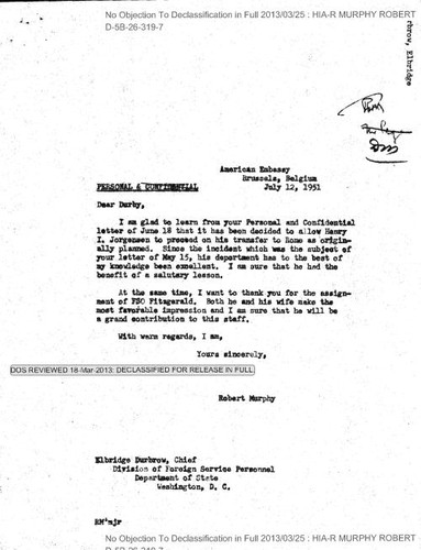 Robert Murphy letter to Elbridge Durbrow regarding Henry I. Jorgenson