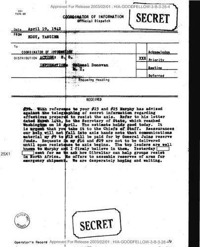 Eddy dispatch to Coordinator of Information number 39 regarding communications