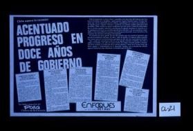 Chile supera la recesion: acentuado progreso en doce anos de gobierno. ... Confianza mundial en Chile por su politica economica ... Solucion efectiva al problema habitacional ... Ningun nino excluido de la educacion ... Creciente ayuda a sectores modestos ... Proteccion a la infancia y la salud ... Tratado de paz con Argentina un ejemplo al mundo