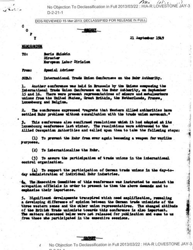 David J. Saposs memo regarding the International Trade Union Conference on the Ruhr Authority, with attachments
