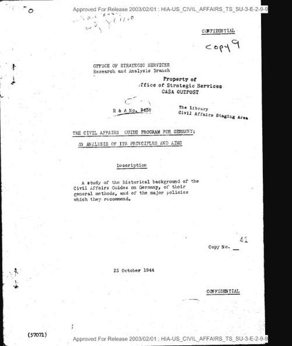 Civil affairs guide program for Germany: an analysis of its principles and aims, R&A number 2438