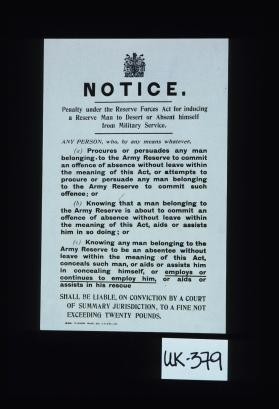 Notice. Penalty under the Reserve Forces Act for inducing a Reserve man to desert or absent himself from military service ... Shall be liable, on conviction by a Court of Summary Jurisdiction, to a fine not exceeding twenty pounds