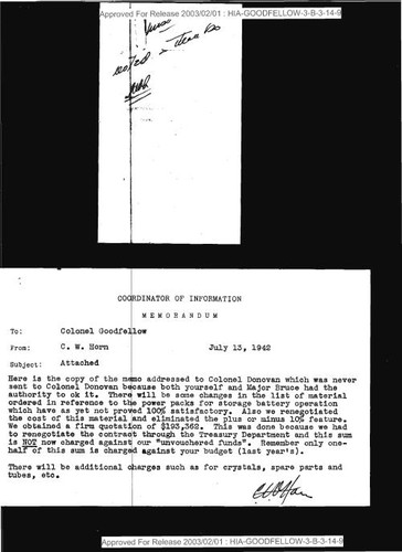 C. W. Horn memo to Millard P. Goodfellow regarding proposed design of transmitter-receiver, with attachment and cover note