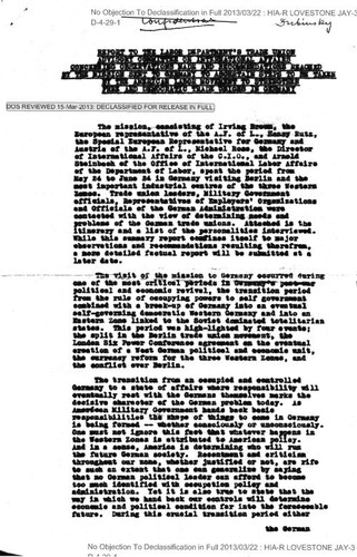 Report by the mission sent to Germany to ascertain steps to be taken by the American labor movement to strengthen free and democratic trade unions in Germany