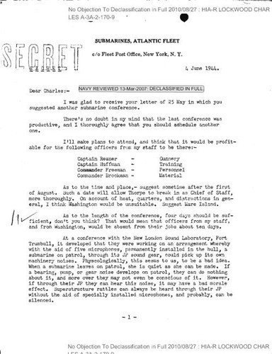 F. A. Daubin letter to Vice Admiral C. A. Lockwood