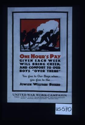 One hour's pay given each week will bring cheer and comfort to our boys "over there." You give to our boys when you give to the Jewish Welfare Board. United War Work Campaign: Y.M.C.A., Y.W.C.A., K. of C., Jewish Welfare Board, War Camp Community Service, American Library Association, Salvation Army