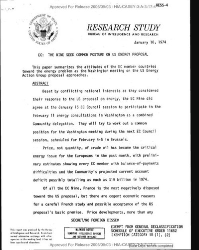 Bureau of Intelligence and Research study on European Community: the nine seek common posture on US energy proposal