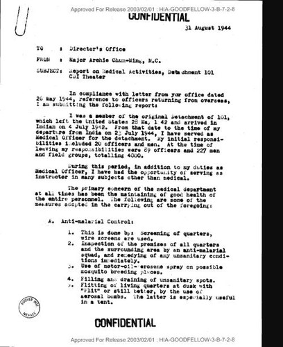 Archie Chun-Ming memo (part) to director's office regarding report on medical activities, detachment 101, CBI theater