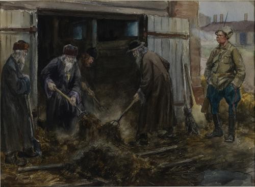 Ivan Vladimirov watercolor of priests forced to clear manure from barrack stables