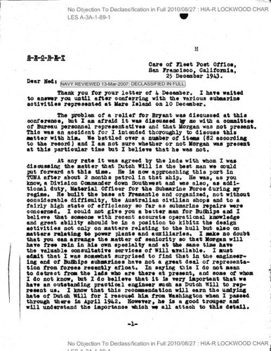 C. A. Lockwood letter to Rear Admiral E. L. Cochrane