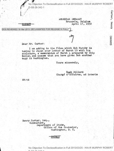 Hugh Millard letter to Henry Carter regarding the Bohlen memo of March 4