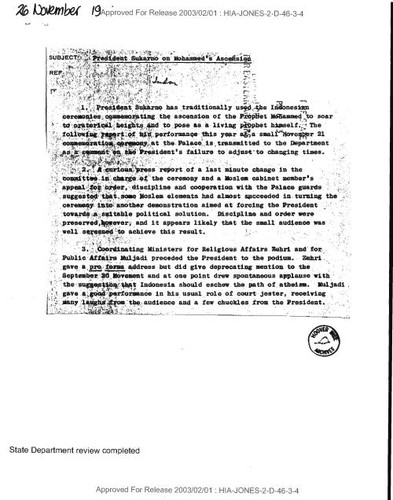 Edward E. Masters memo for the ambassador concerning President Sukarno on Mohammed's ascension