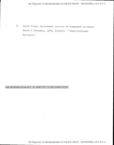 Check sheet from Government Section to Commander-in-chief