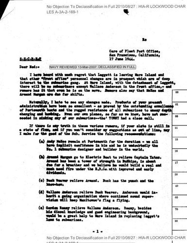 C. A. Lockwood letter to Rear Admiral X. L. Cochrane