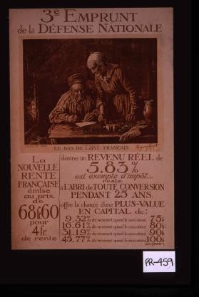 3e emprunt de la defense nationale ... La nouvelle rente francaise emise au prix de 68 fr. 60 pour 4 fr. de rente, donne un revenu reel de 5.83%, est exempte d'impot, reste a l'abri de toute conversion pendant 25 ans, offre la chance d'une plus-value en capital