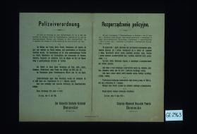 Polizeiverordnung ... Am Montag und Freitag durfen Fleisch, Fleischwaren und Speisen, die ganz oder teilweise aus Fleisch bestehen, niche gewerbsmassig an Verbraucher verabfolgt werden. ... Grojec, den 11. Juli 1916. Der Kaiserlich Deutsche Kreischef Bennecke, Rittmeister. Rozporzadzenie policyjne. ... Cesarsko-Niemiecki Naczelnik Powiatu Bennecke, Rotmistrz