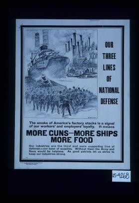 Our three lines of national defense. The smoke of America's factory stacks is a signal of our workers' and employers' loyalty. It means more guns - more ships - more food. Our industries are our third and main supporting line of defense - our base of supplies